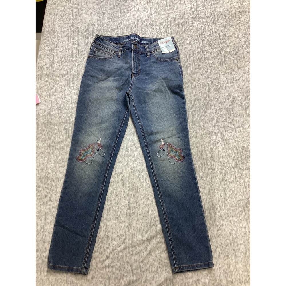 Cat & Jack Girls Super Skinny Unicorn Embroidered‎ Jeans Blue Size 14 NWT